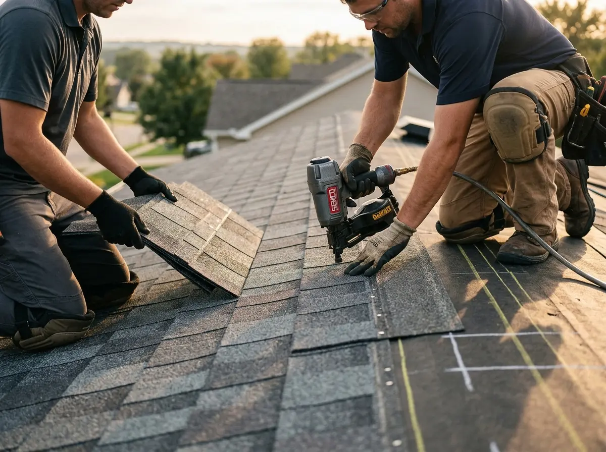 Professional roofer working on a residential roof in East Milton